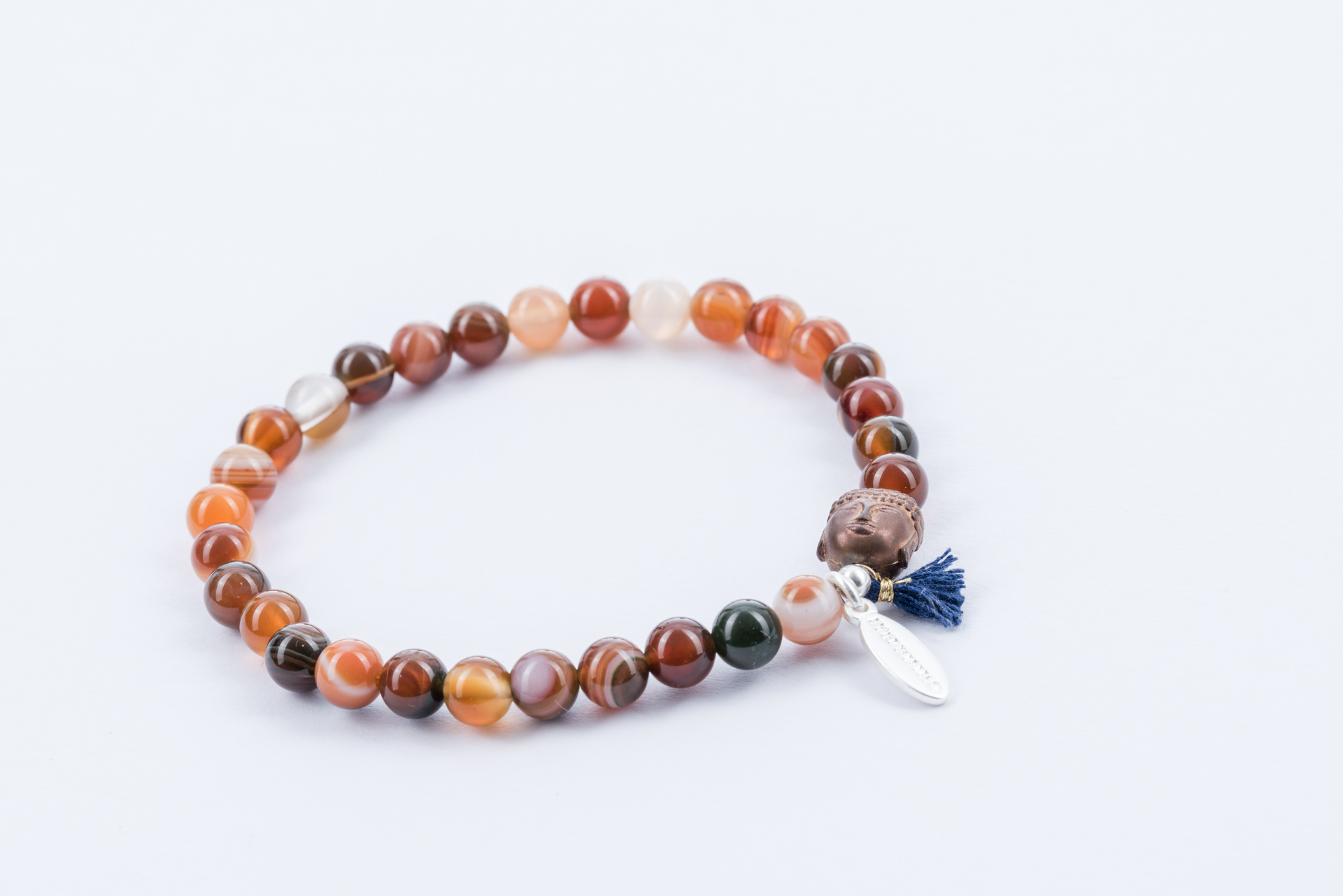 "Buddha" Armband auf Gummi, moccafarbener Achat mit Hämatit Buddha