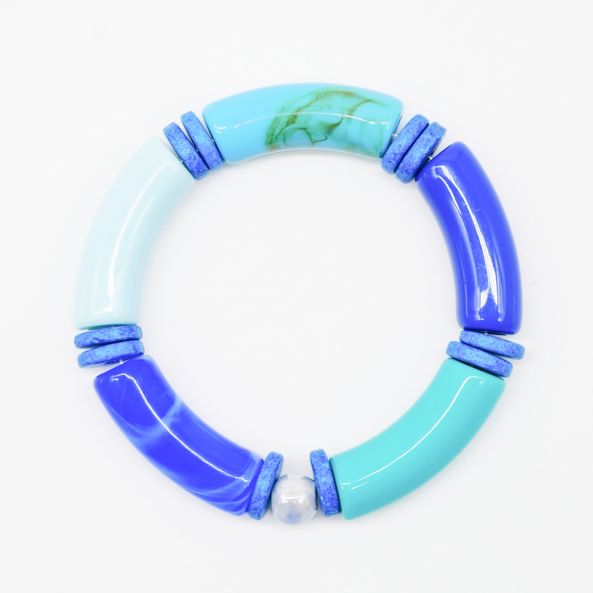 Armband "Tube" auf Gummi, gebogene Kunststoffelemente + Keramik, blau