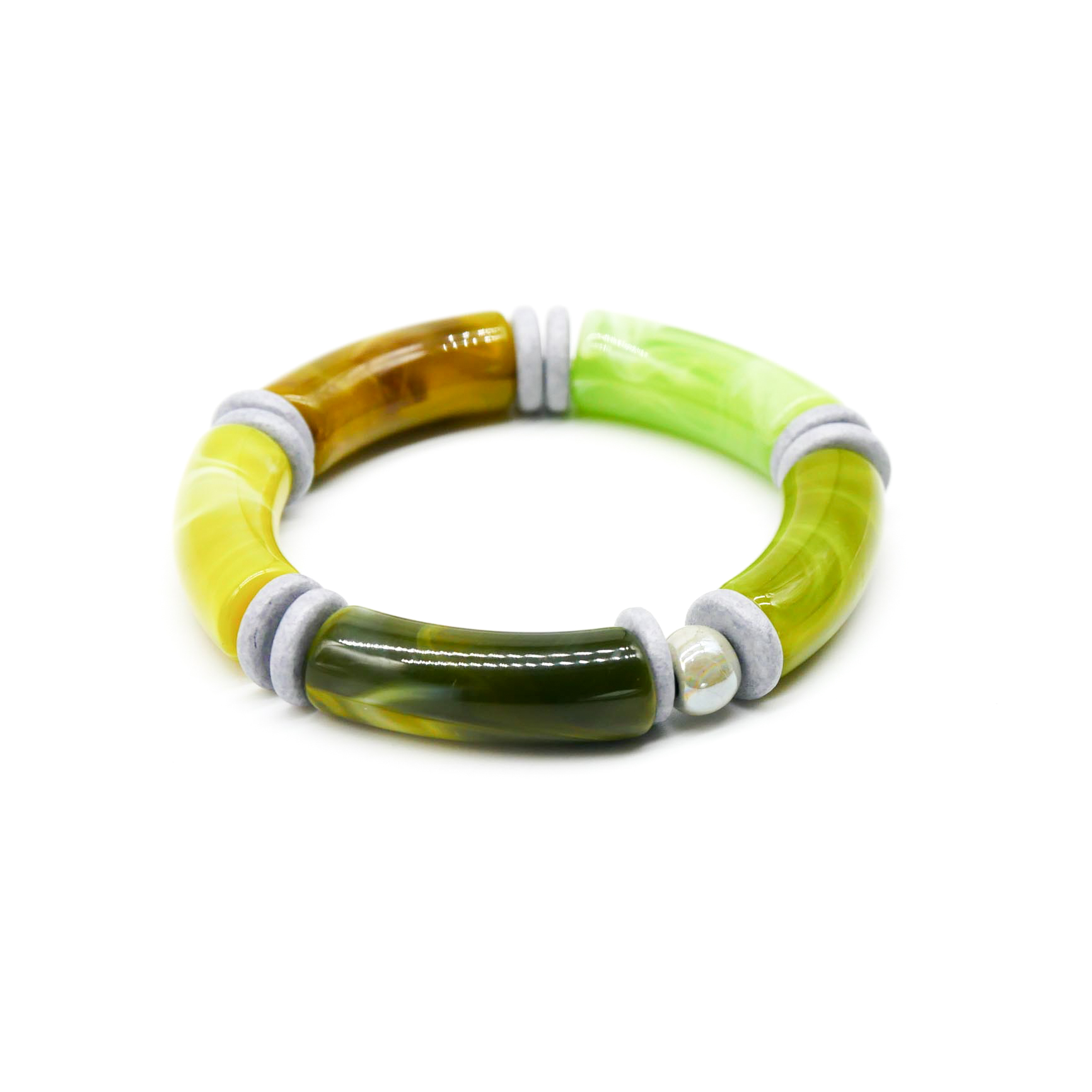 Armband "Tube" auf Gummi, gebogene Kunststoffelemente + Keramik, Farn