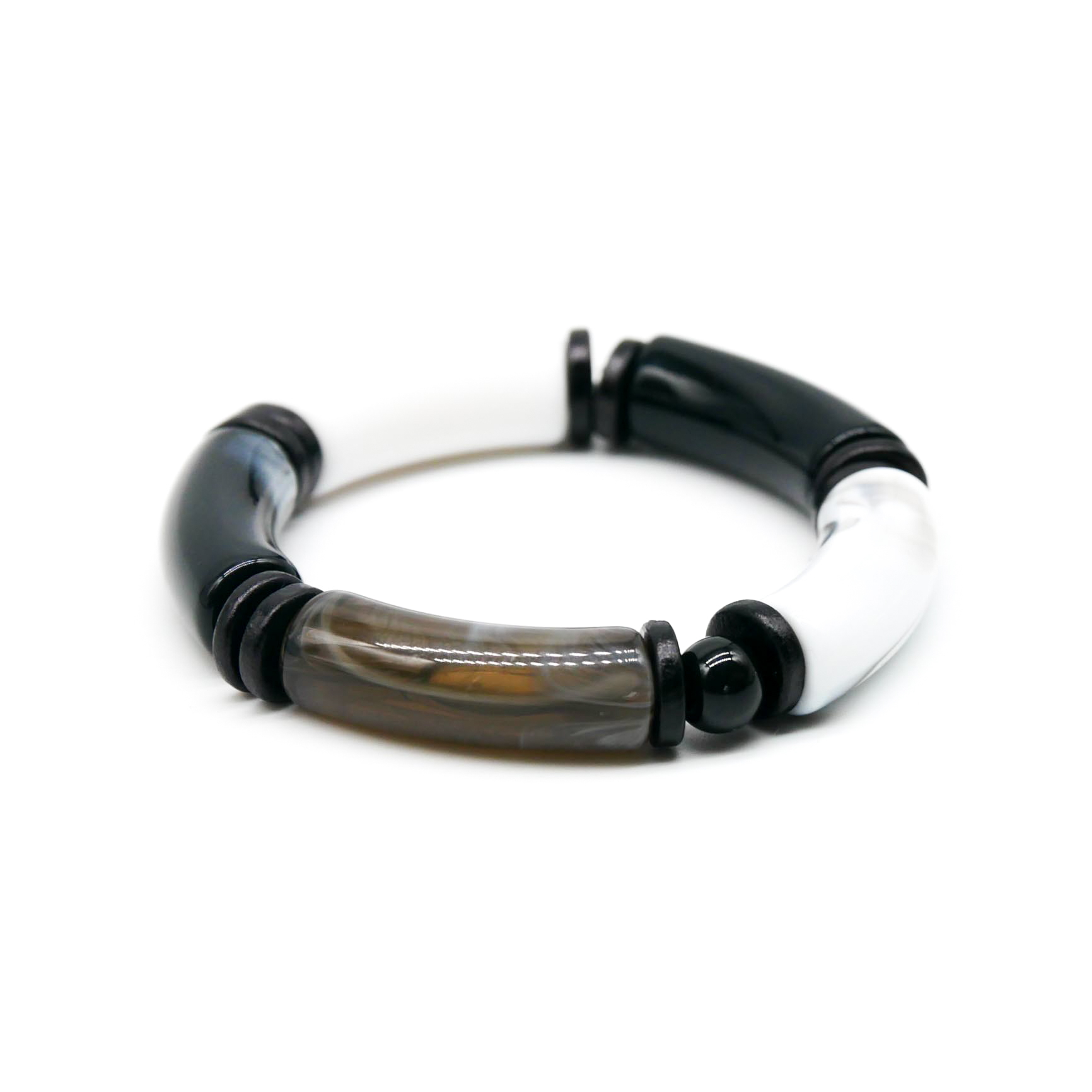 Armband "Tube" auf Gummi, gebogene Kunststoffelemente + Keramik, Black and White