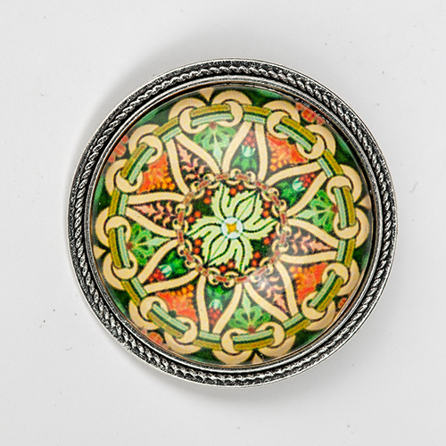 Brosche "Mandala" mit Glasmuggel, orange-grün