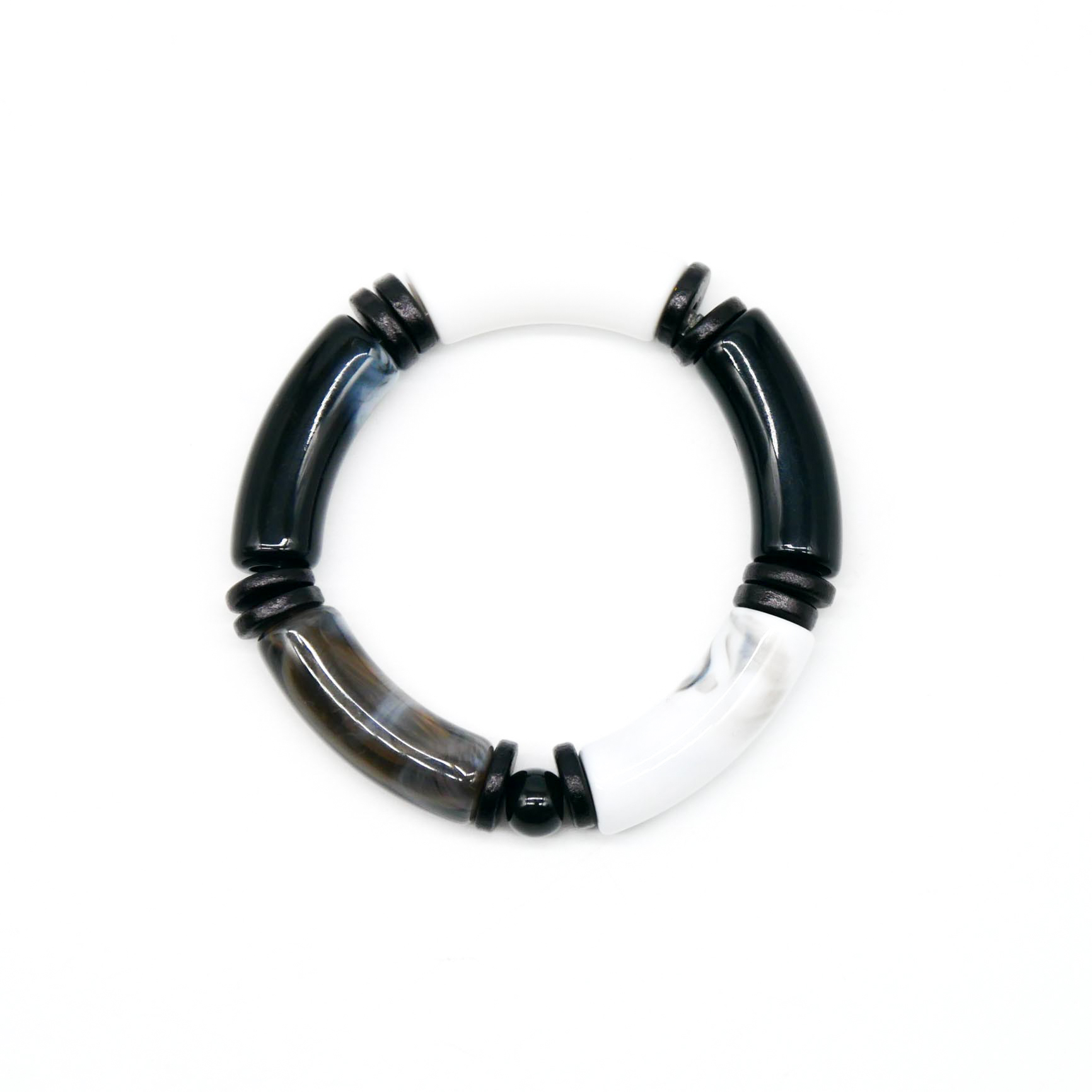 Armband "Tube" auf Gummi, gebogene Kunststoffelemente + Keramik, Black and White