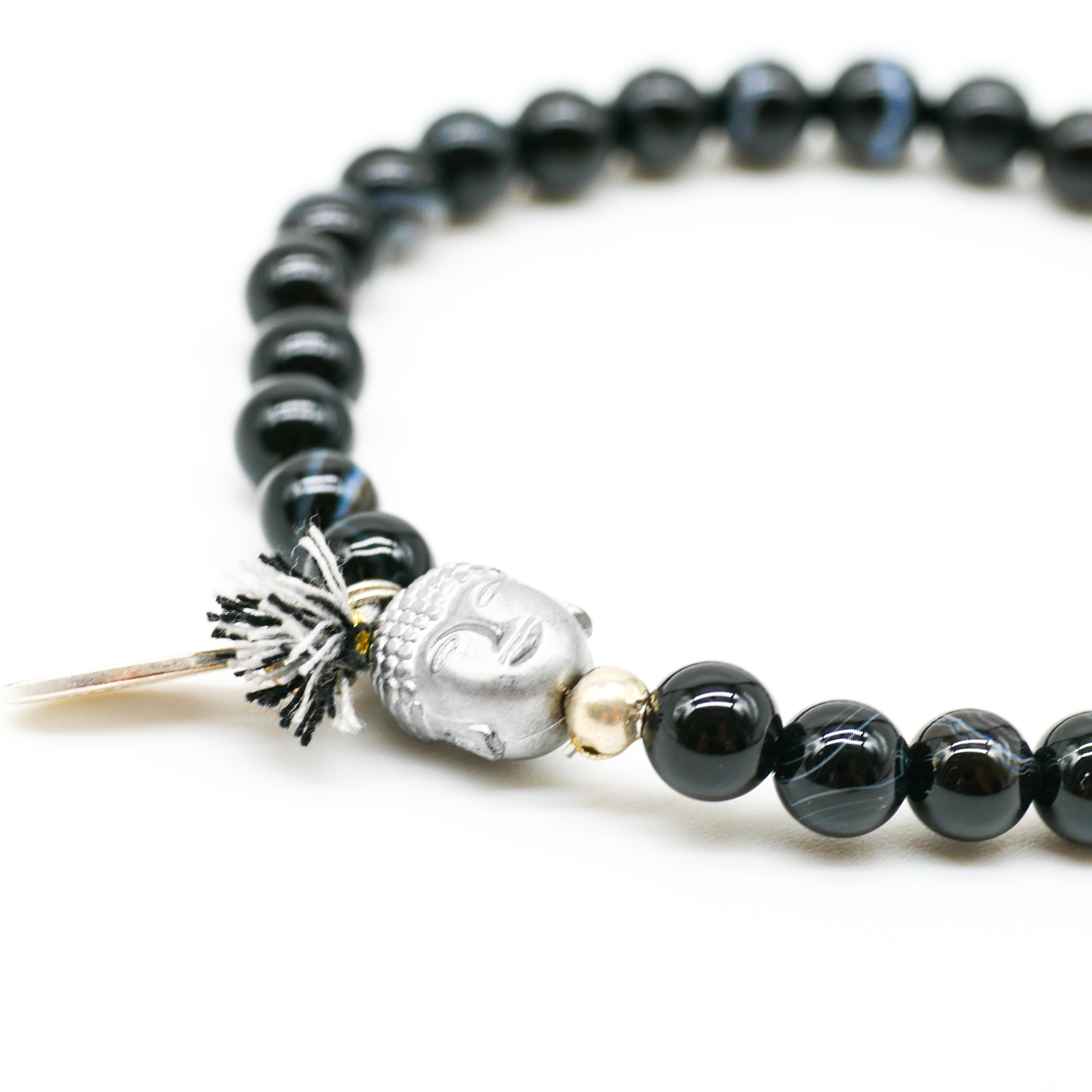 "Buddha" Armband auf Gummi, schwarz-grau gefärberter Achat mit Hämatit Buddha