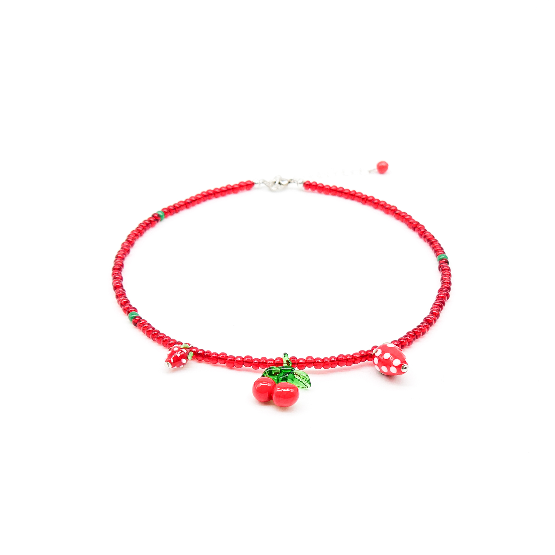 "Summer Feeling", Kette rote Glasperlen mit Anhänger Cherry und Strawberry