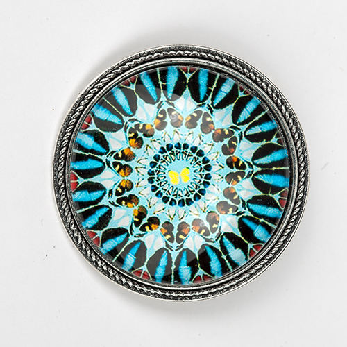 Brosche "Mandala" mit Glasmuggel, indigolite