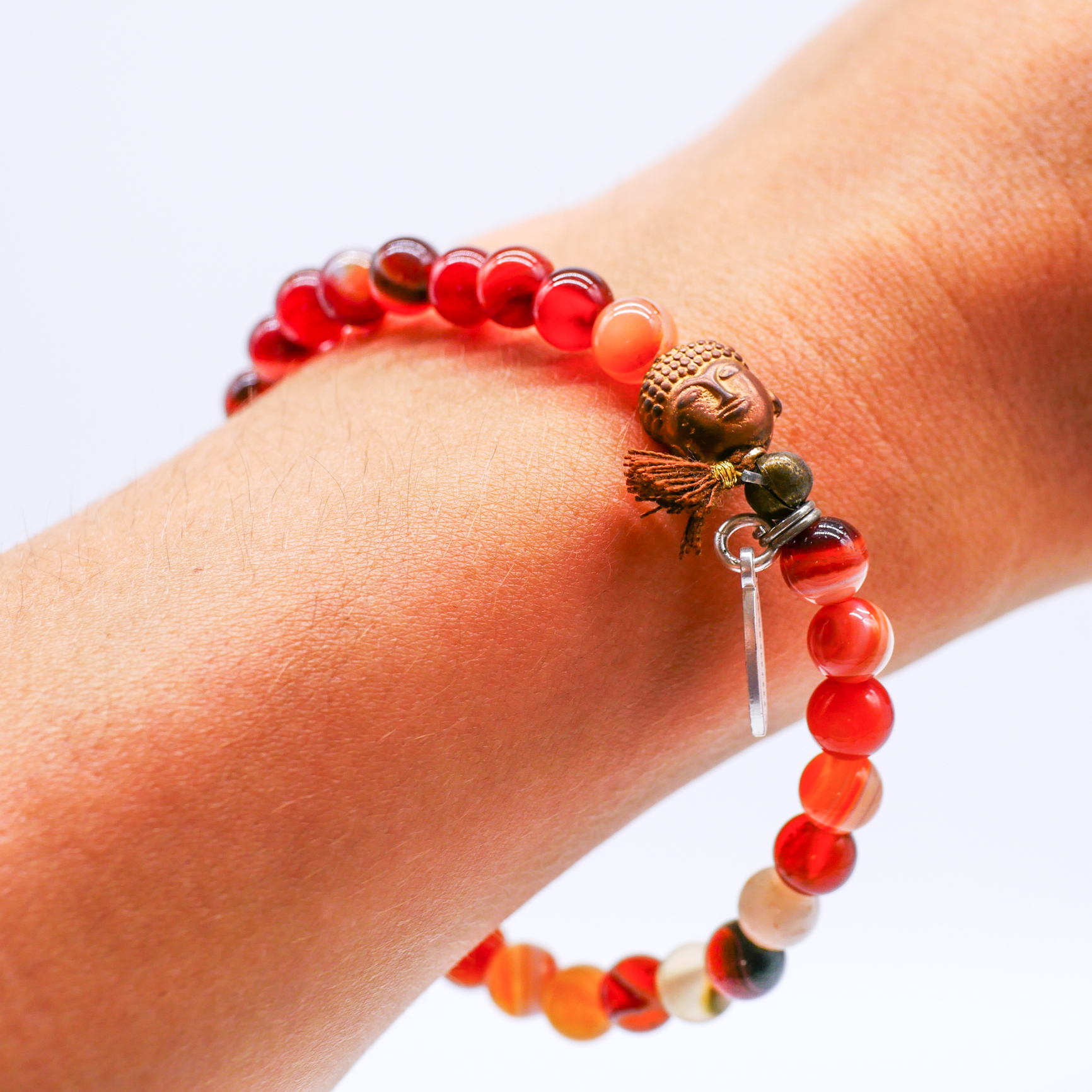 "Buddha" Armband auf Gummi, moccafarbener Achat mit Hämatit Buddha