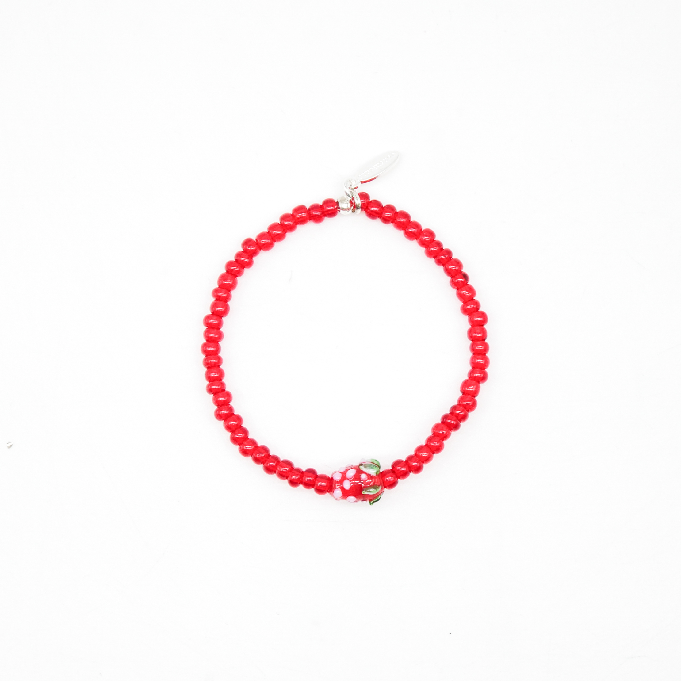 "Summer Feeling", Armband auf Gummi rote Glasperlen mit kleiner Erdbeere