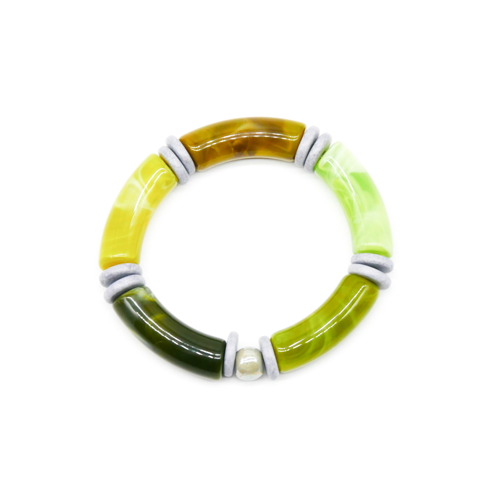 Armband "Tube" auf Gummi, gebogene Kunststoffelemente + Keramik, Farn