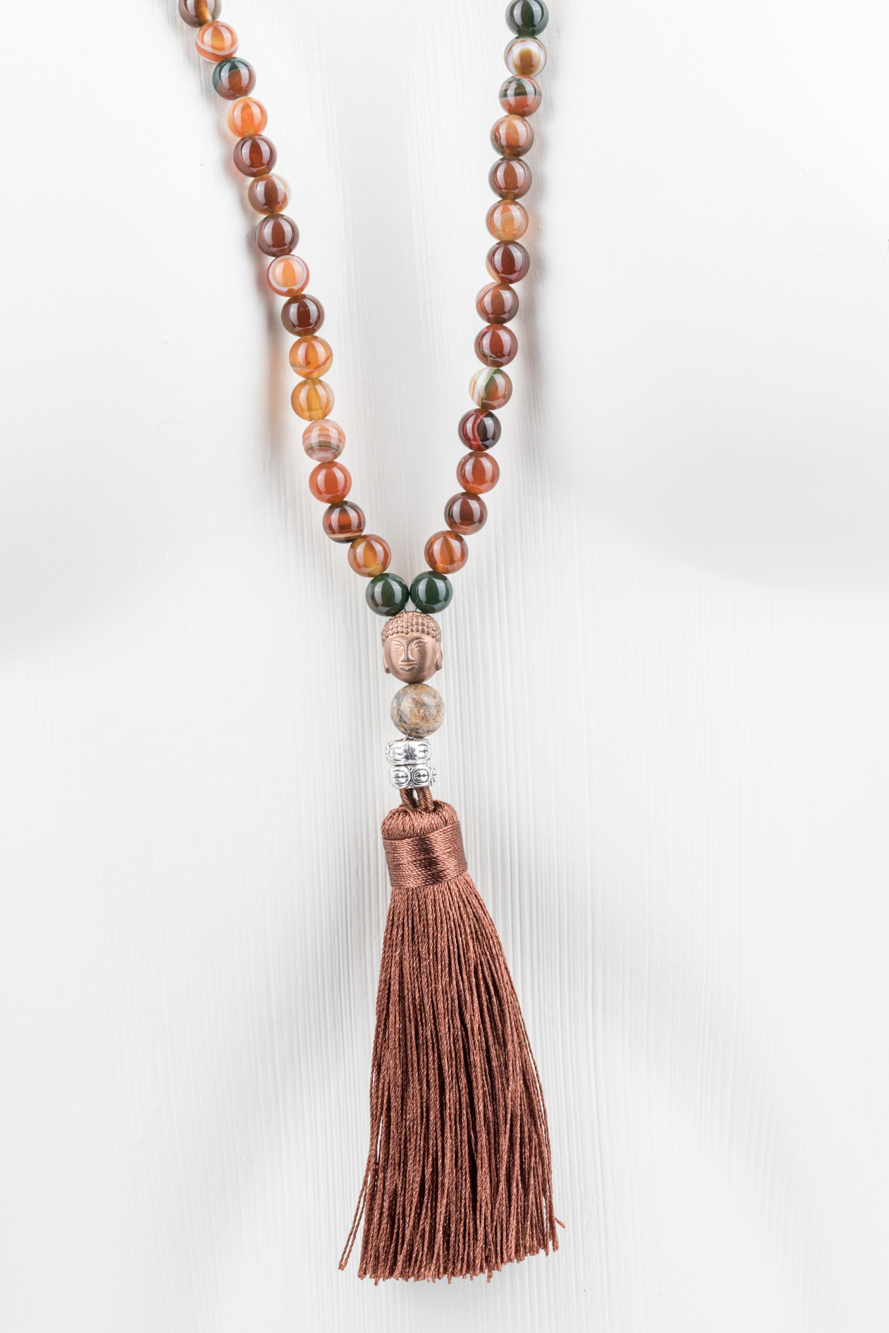 "Buddha" Mala-Kette, moccafarben, dunkelbraune Quaste